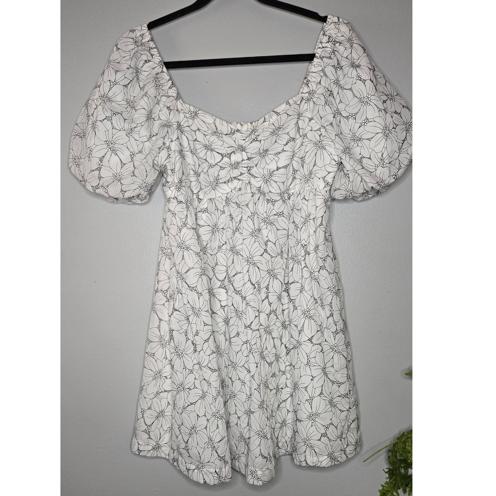 Altair'd State Floral Puff Sleeve Mini Dress White Black Large